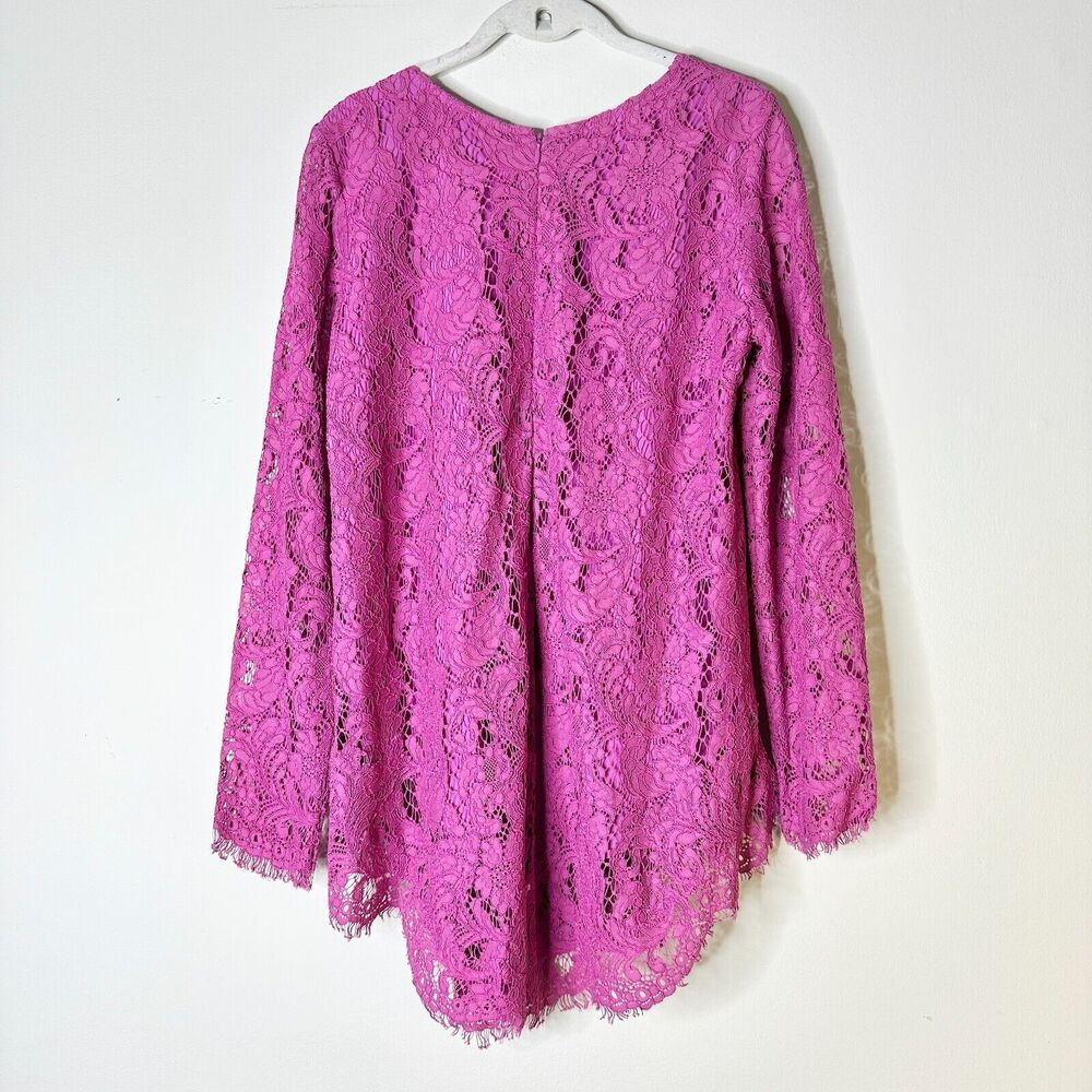 ADAM LIPPES Top Women 6 Magenta Pink Lace Lined Long Sleeve Tunic Scallop Hem - Picture 2 of 9